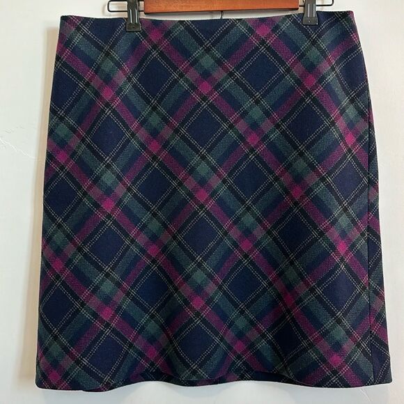 Talbots Plaid Wool Lined A-line Skirt, Navy/Purple/Green, back zipper, Size 12 - Picture 1 of 4